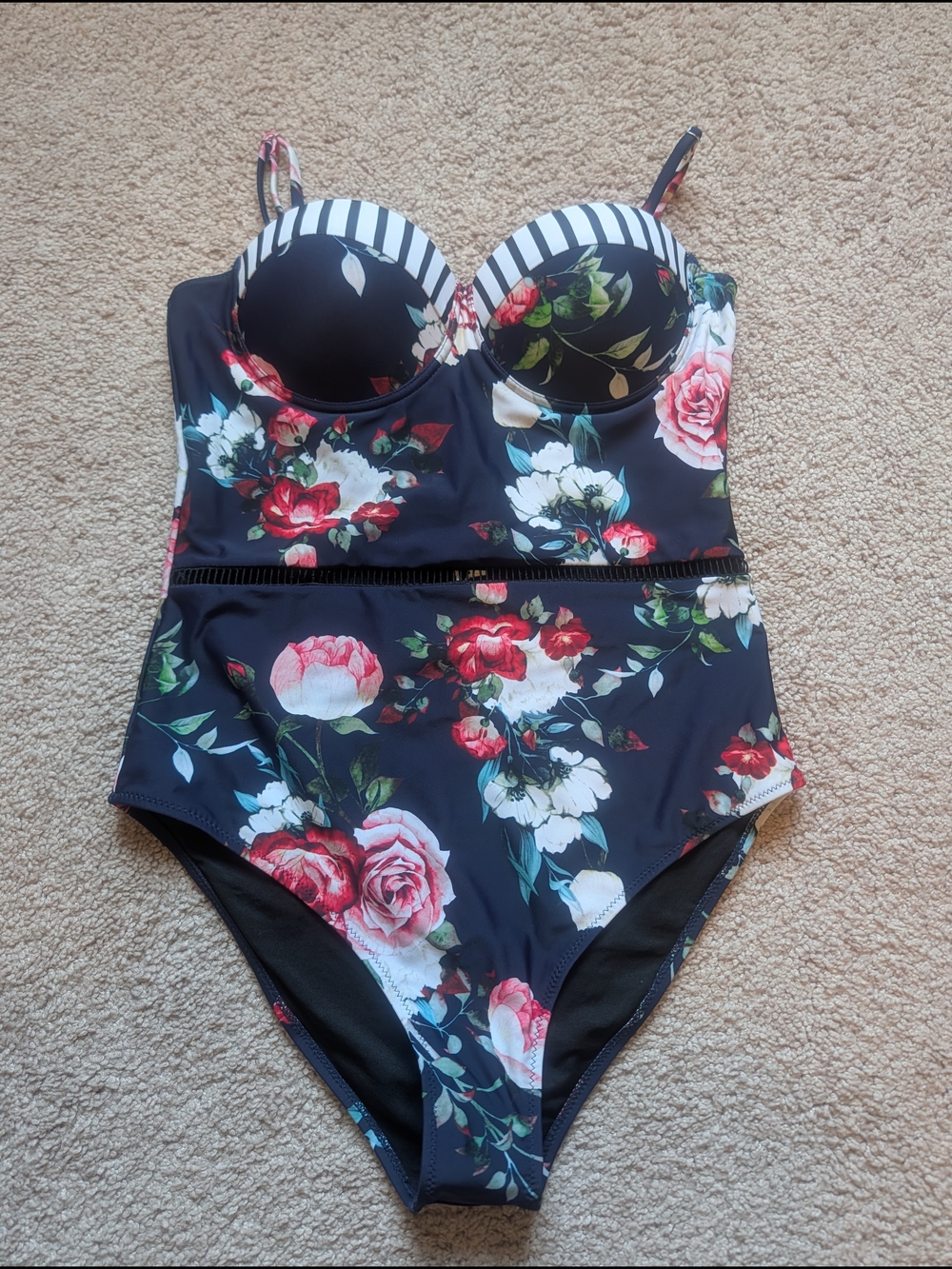 Cupshe Black Floral One-Piece Swimsuit with Striped Bust